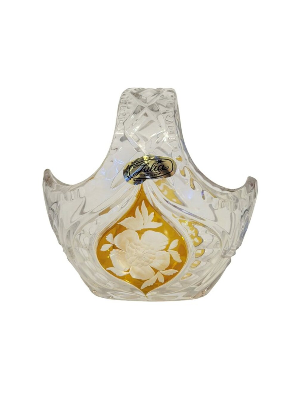 Vintage Julia Lead Crystal Basket Amber Etched Floral Made in Poland